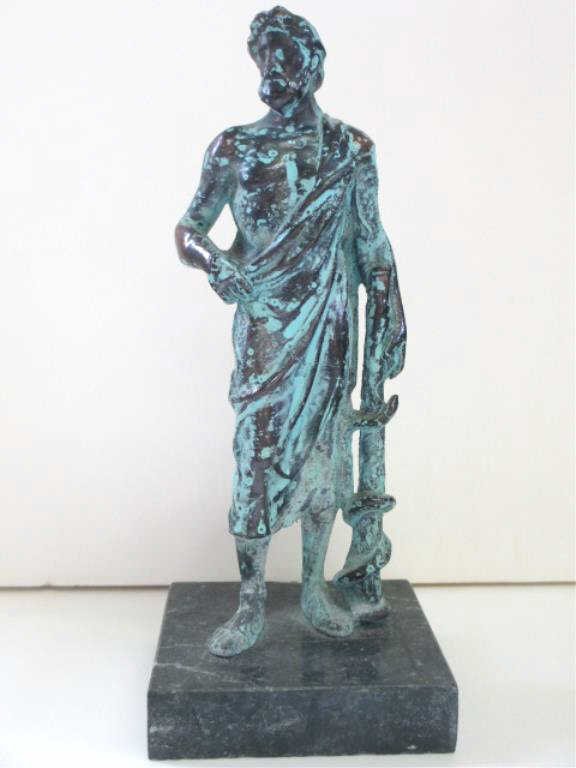 BRONZE GLADIATOR HERCULES FIGURAL STATUE: Bronze gladiator Hercules figural statue. Standing in cloak holding club with snake wrapped around. H 8" with marble base.