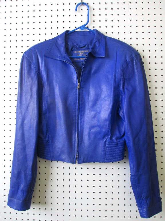 CLAUDE MONTANA POUR IDEAL CUIR PARIS LEATHER COAT: Clause Montana pour Ideal Cuir ladies blue lamb leather jacket / coat . Made in Paris France with designer label. Size 44. Condition: Very good, slight dye darkening in areas.