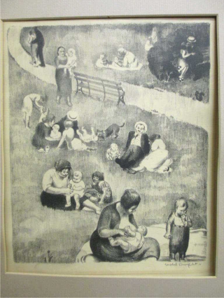 MABEL DWIGHT - PARK SIGNED LITHOGRAPH: Mabel Dwight - 1930's lithograph entitled "In the Park" . American Associated Artists publishers. People in Central Park New York. Pencil signed lower right. H 14" x L 11". Condition: imperfections, c