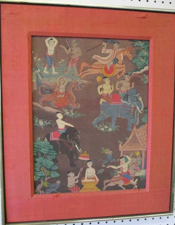 BURMESE BUDDHIST SYMBOLIC PAINTING: Burmese Buddhist symbolic scene watercolor gouache painting depicting a dragon, elephants , monkey , horse & figures.