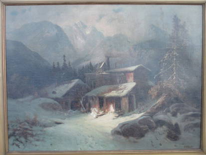 CARL EBERT - MOUNTAIN CABIN LANDSCAPE PAINTING: Carl Ebert German 1821-1885 - Mountain cabin Winter landscape oil painting on canvas. Depicts a mountain man smoking outside before gathering wood for his stove. Signed lower right. Carl Ebert was a G