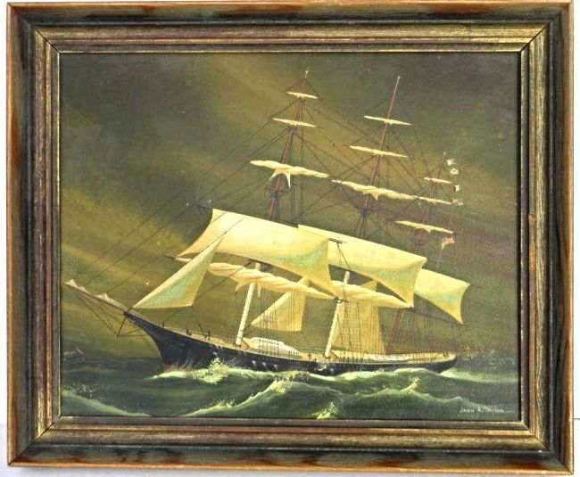 JOHN TAYLOR FOLK ART AMERICA SHIP PAINTING: John A. Taylor - American Folk Art painting of the famous nautical racing clipper ship America in choppy seas . Oil on J. Whatman artist board. Signed lower right. H 12" x L 15"