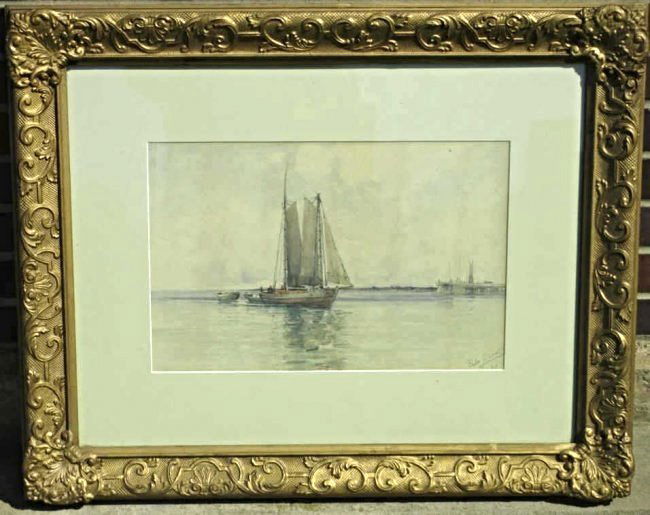 PROSPER LOUIS SENAT - BERMUDA SAILING WATERCOLOR: Prosper Louis Senat - American Pennsylvania 1852-1925 - Watercolor painting . Figures sailing along Bermuda coast harbor . Signed & dated 1889 lower right. H 11 3/4" x L 18" sight size. Original Gilt