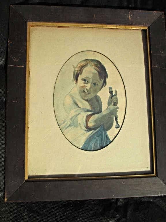 THOMAS SULLY - BOY WITH FLUTE PAINTING: Thomas Sully - American 1783-1872 - 19th Century watercolor portrait painting of a boy holding flute . Signed lower left. H 9.50" x L 12". 8" x 6" sight.