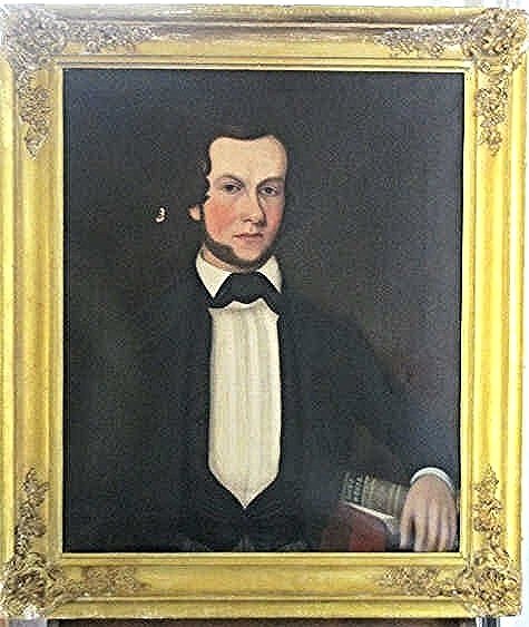 ATTRIB AMMI PHILLIPS FOLK ART MAN PAINTING: Attributed Ammi Phillips American 1788-1865 . 19th Century Folk Art portrait oil painting on canvas of a distinguished gentleman with hand draped over a copy of Dick's Works. W.I. Rogers Philadelphia