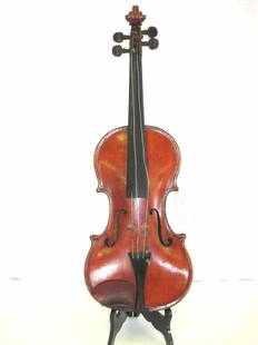 JUSTINUS GILBERTUS FECIT VIOLIN: Justinus Gilbertus antique tiger maple violin . Rosewood fingerboard. Label inside. Circa early 1900's. In fitted hardshell case. L 23"