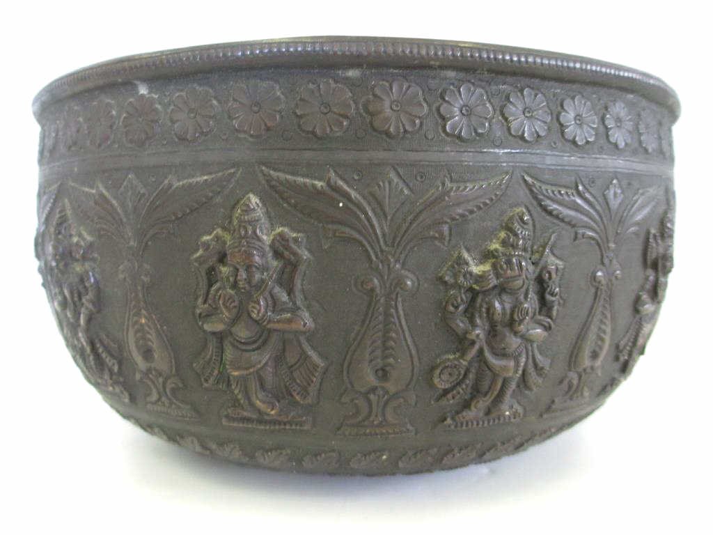 19TH CENTURY CHINESE BRONZE GODS BOWL: 19th Century Chinese bronze bowl . Detailed relief featuring different symbolic buddhist gods / dietys all around. Floral foilage & lotus relief all around. H 4" x D 8.25".