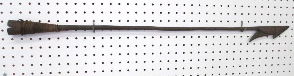 19TH CENTURY INUIT ESKIMO WHALING HARPOON: 19th Century Inuit Eskimo whaling harpoon. Wrought iron with original rope wrapping. L 35.50"