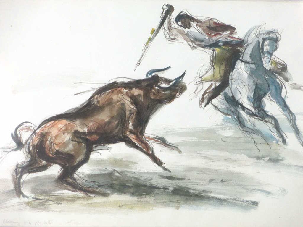 GROTH - BULL HUNTER ABSTRACT WATERCOLOR: John Groth - American 20th Century - Abstract watercolor on paper. Man on horseback hunting a bull . Pencil titled illegibly lower left. St Armands Gallery seal en verso. H 14.50" x L 20" sight.