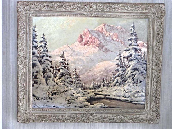 LASZLO NEOGRADY - WINTER MOUNTAIN FOREST PAINTING: Laszlo Neogrady Hungarian 1896-1962 - Large Winter mountain forest landscape oil painting on canvas. Signed lower left. H 24" x L 30". 31" x 37" framed.