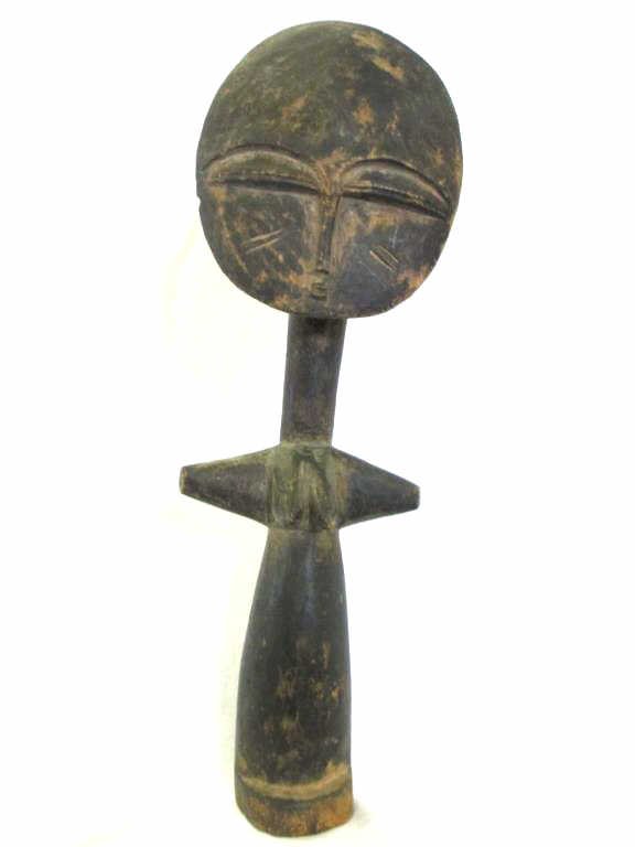 19TH CENTURY AFRICAN ASHANTI AKUABA CARVED FIGURE: 19th Century African Ashanti Akuaba tribe carved wood fertility doll figure. H 15.50" Patina, old repair,