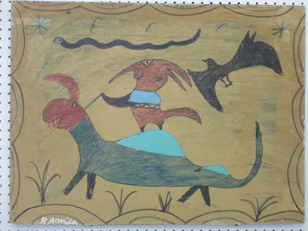 RA MILLER - FOLK ART LORD LOVE YOU PAINTING: R.A. Miller Southern American 20th Century Folk art painting . Paint & ink on large wood board. Figures & animals depicted. H 24" x L 32". Signed lower left.