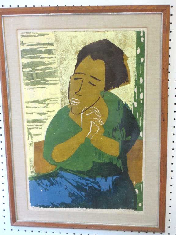 ELLEN NATHAN - SIGNED SPIRITUAL WOOD CUT: Ellen Nathan - American 20th Century - Woodcut of a lady entitled " Spriritual " Signed & dated 1961 lower right. H 24.50" x L 16" framed sight size.