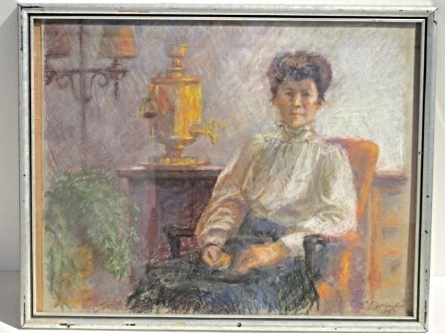 ROTNITSKII - SOVIET LADY PORTRAIT PASTEL PAINTING: Semen Semon Semion Aronovitch Rotnitskii - Russian 1915-2004 - Portrait pastel painting of a seated lady by samovar . Possibly the artist's mother . Well known Soviet artist. Signed in Cyrillic & date