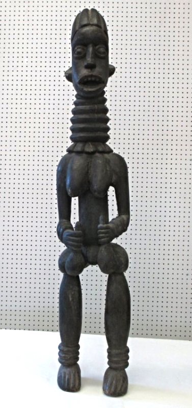 AFRICAN CAMAROON BANGWA TRIBE QUEEN FIGURE: 19th Century African Camaroon Bangwa tribe queen figure. Detailed carved jewelry including neck rings, arm & ankle cuffs, rigid hair & teeth. Similar to the Helena Rubenstein record breaking figure so