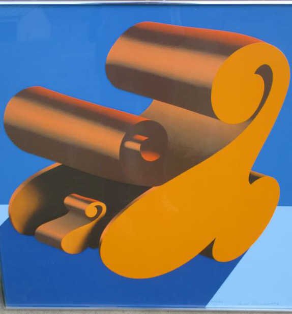 JACK BRUSCA - ARTIST PROOF A SERIGRAPH: Jack Brusca - American 1939-1993 - " A " Serigraph in blue & flourescent orange . Limited Edition Artist proof, Signed & dated 1973 lower right. Dedicated For Anthony. 27" x 27".