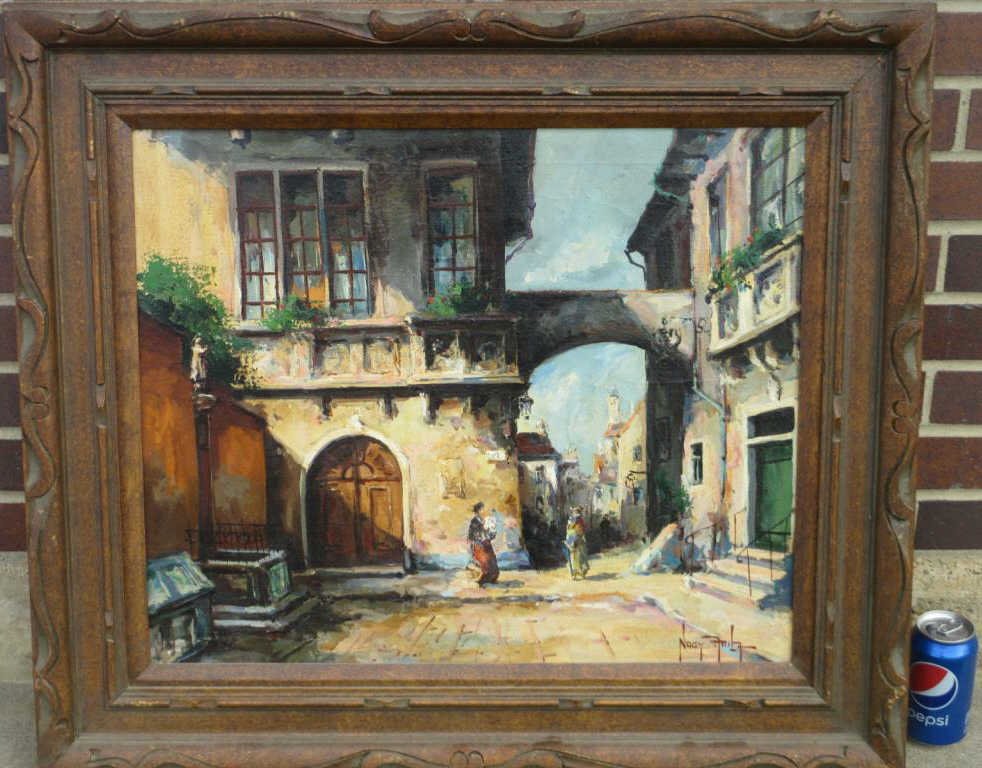 NAGY - EUROPEAN SCHOOL IMPRESSIONIST PAINTING: Nagy Attila Hungarian - 20th Century European school impressionist painting . Street scene with figures. Signed illegibly lower right. H 20" X L 24". 28" X 32" Framed.