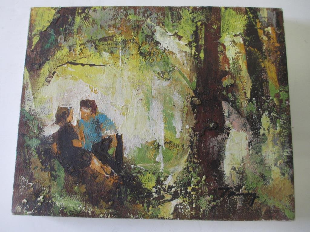 TARKAY - COUPLE IN LANDSCAPE PAINTING: Itzchak Tarkay Hungarian 1935-2012 Tarkay was born in Subotica on the Yugoslav-Hungarian border. Towards the end of World War II, Tarkay was sent with his family to the Mathausen concentration camp by
