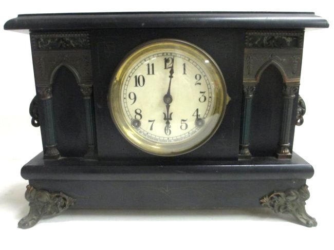 VICTORIAN SESSIONS COLUMNAR MANTLE CLOCK: Victorian Sessions Forestville Connecticut mantle clock . Decorated with Swagged arched columns & acanthus ormolu. Original pendulum. Running order. H 10.50" x L 16".