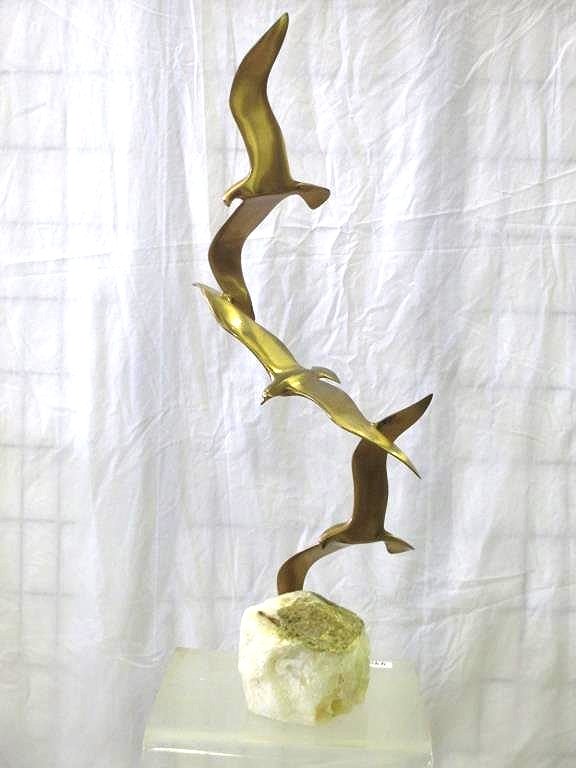 CURTIS JERE GILT BRONZE SEAGULLS SCULPTURE: Curtis Jere signed Midcentury gilt bronze triple seagull sculpture with mineral base. H 35"