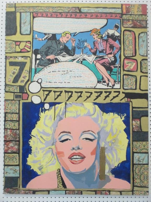 LICHTENSTEIN STYLE MARILYN MONROE PAINTING: Modern pop art mixed media oil painting on canvas in the style of Lichtenstein & Warhol depicting a slot machine with cartooned couple above Marilyn Monroe . 36" x 48"