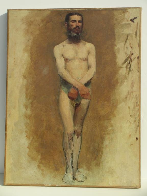 19TH C. THOMAS EAKINS SCHOOL NUDE MALE PAINTING: 19th Century Thomas Eakins school semi nude male painting . Study of a bearded man . Oil on canvas. 18" x 32". Private New York Collection.