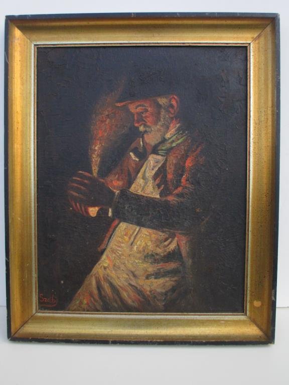 SZABO - ILLUMINATED MAN LIGHTING PIPE PAINTING: Attrib. Vladimir Szabo - Hungarian 1905-1991 - Illuminated painting of a man lighting pipe . Oil on canvas. Signed lower left. H 15" x L 19"