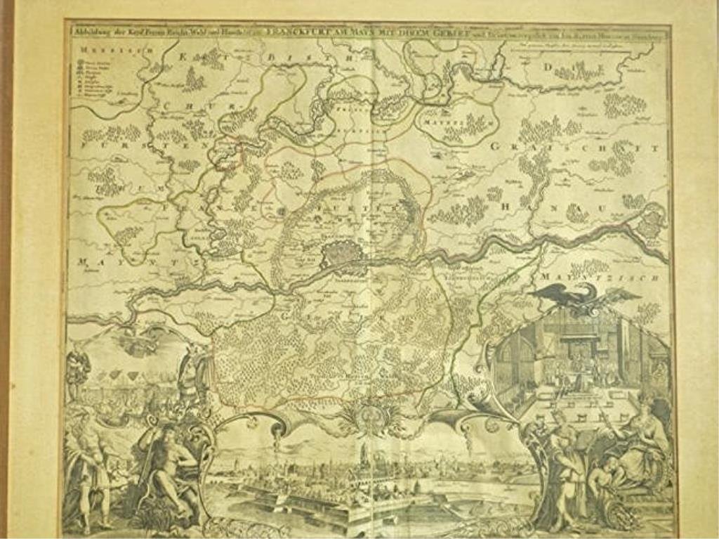 18TH CENTURY ENGRAVED GERMAN MAP: 18th Century Map of early Franckfurt Germany territories . Hand colored highly detailed engraved vignettes with classical gods , eagle & figures. Latin text. H 19.50" x L 22.50" sight size. 25.50" x 2