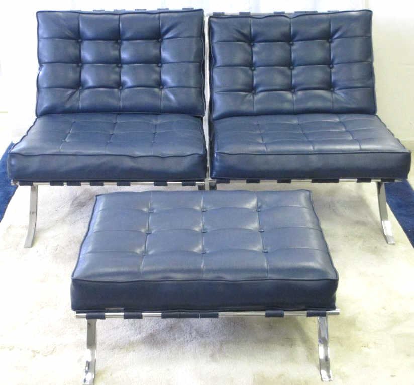 MODERNIST BLUE BARCELONA CHAIRS & OTTOMAN: Midcentury Modernist Barcelona chairs & ottoman set . Blue tufted cushions, chrome frames with teak spacers . Similar to designer Knoll chairs by MIES VAN DER ROHE, unsigned. Chairs H 33" x W 29" x L 