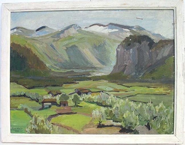 WALLE - IMPRESSIONIST MOUNTAINSCAPE PAINTING: Signe Walle - 20th Century - Impressionist mountainscape painting . Oil on masonite. Signed & dated 1949 lower left. H 16.50" x L 22"