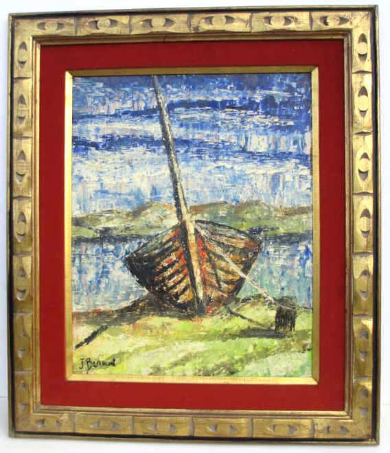 BEAURET ? IMPRESSIONIST BOAT PAINTING: J. Beauret ? Beaucret ? - Midcentury impressionist WPA style painting of a docked boat . Oil painting on masonite. Signed indistinctly lower right. H 16" x 20". 24" x 28" custom frame.