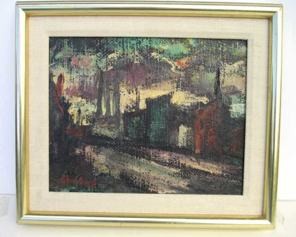 SHOULBERG - ABSTRACT CITY PAINTING: Harry Shoulberg - American NY 1903-1995 - American NY expressionist award winning WPA artist. Abstract City scape. Imposto oil on burlap. H 8" x L 10". Circa 1960's 1970's. Signed lower left. Harry Sh