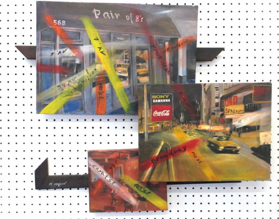 HASON - MODERN CITY POP ART SECTIONAL PAINTING: M. Hason - Modern New York City pop art painting in 3 joining sections. Oil on canvas. H 26" x L 32"
