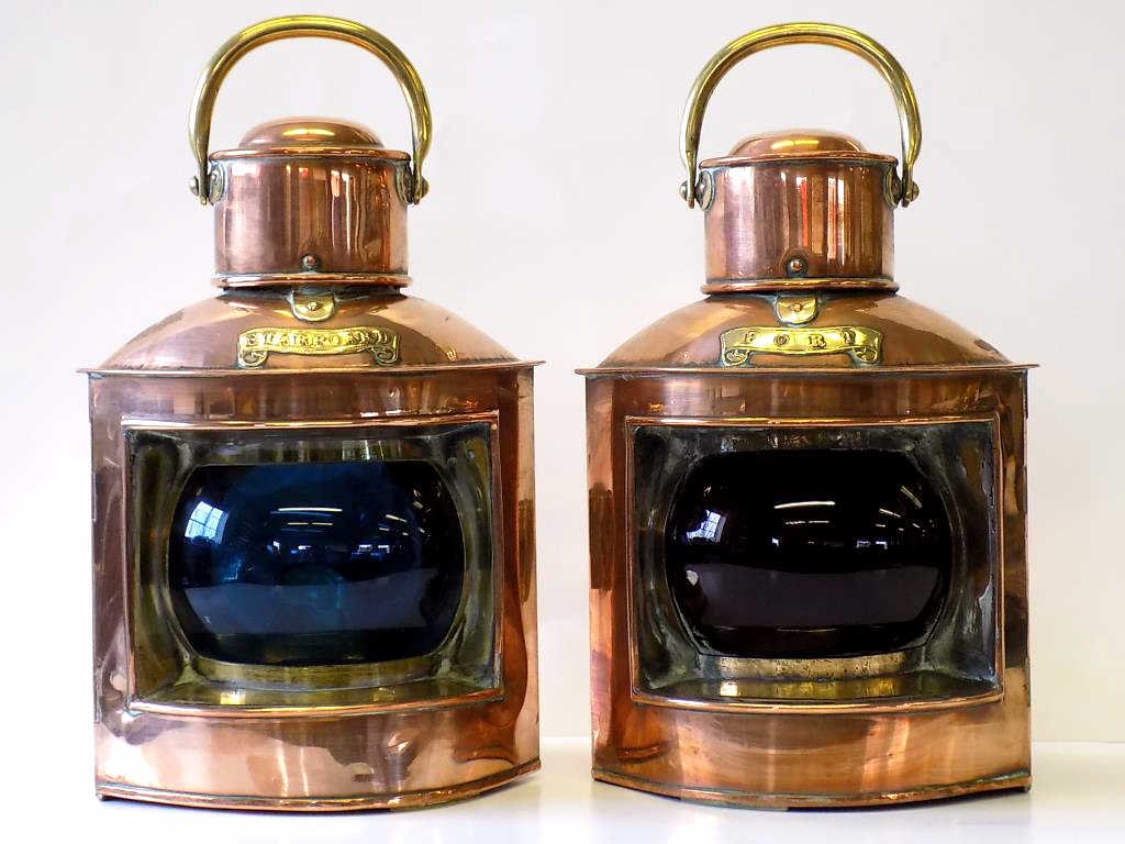 ANTIQUE STARBOARD & PORT SHIPS LANTERNS: Antique pair of Starboard & Port ships lanterns . Original red & blue globes with inserts. Polished copper & brass. H 8 1/2" x W 6"