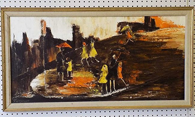 ROMOSER - MIDCENTURY ABSTRACT EXPRESSIONIST PAINTING: Ruth Romoser - American 20th Century - Circa 1960's Large Midcentury abstract expressionist painting of figures with umbrellas on a rainy day. Signed lower left. Personal hand written letter attached 