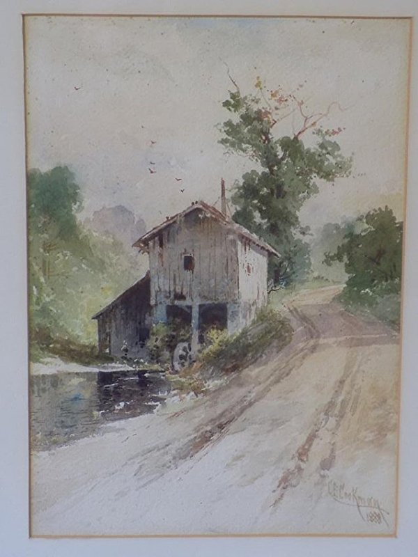 COOKMAN - COUNTRY MILL WATERCOLOR: C.E. Charles Edwin Cookman - American 1856-1915 - 19th Century Country mill watercolor . Signed & dated 1888 lower right. H 13 1/4" x L 9 1/2" sight. 23" x 19" framed.