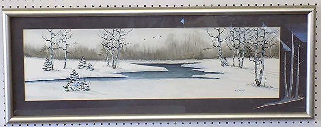 MARVIN JACOBS - WINTER WONDERLAND WATERCOLOR: Marvin Jacobs - American Maine 20th Century - Detailed elongated Winter Wonderland nature landscape watercolor painting . Flying birds among Birch & pine trees. Signed lower right. 41 1/2" x 15 1/2" A