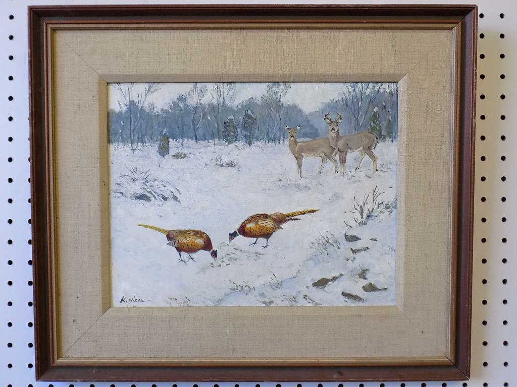 WIESE - WINTER NATURE WOODLANDS PAINTING: Kurt Wiese American 1887-1974 - Winter nature scene with Woodland deer & turkeys. Gouche on artist board. Signed lower left. H 10.50" x 13.50" sight. 17" x 20" framed.