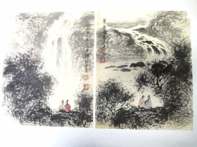 FU BAOSHI SIGNED WATERCOLOR PAINTINGS: Attributed to Fu Baoshi signed pair watercolor paintings on rice paper. Couples watching waterfalls. 14.50" x 11"