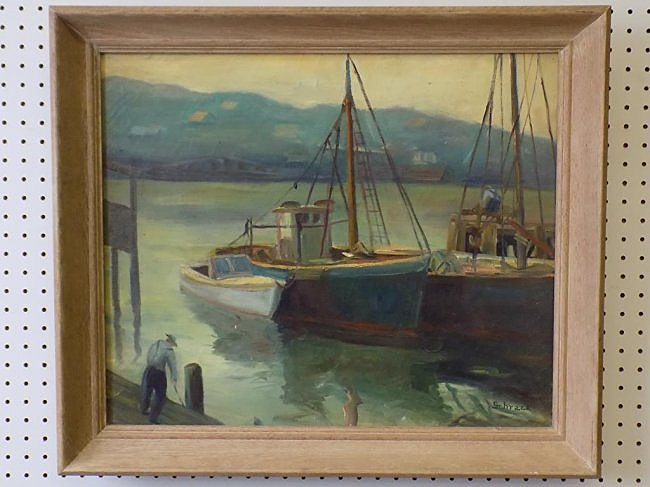 SCHRACK - BOATS AT HARBOR IMPRESSIONIST PAINTING: Joseph Earl Schrack American 1890-1973 - Impressionist harbor scene with a man along boats. Oil on canvas. Signed lower right. H 20" x L 24".