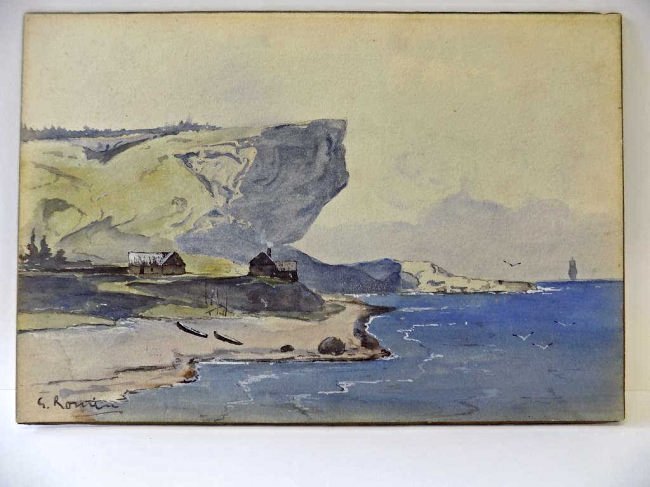 GINO ROMITI COASTAL SEASCAPE WATERCOLOR: Gino Romiti Italian 1881-1967 - Coastal seascape with homes & boats watercolor painting on paper laid on board. Signed lower left. H 9" x L 13 1/2"