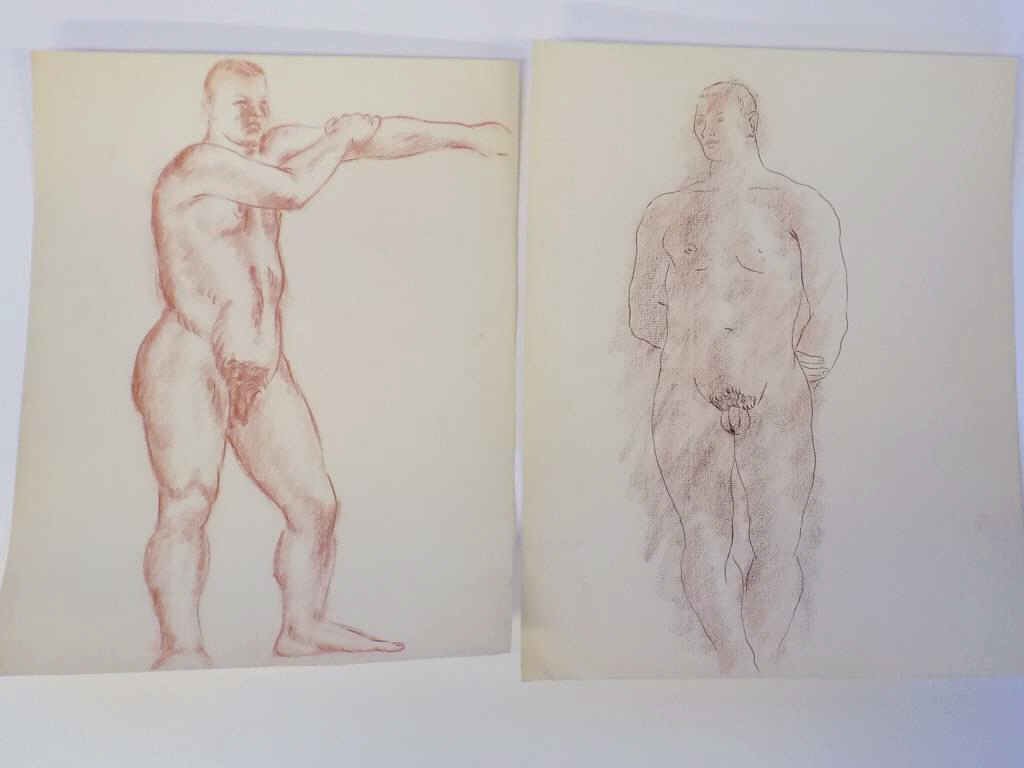 MANNER OF MATISSE - 2 NUDE MALE CRAYON SKETCHES: Manner of Matisse nude portrait sketches of male models. Ink & conte crayon on artist paper. H 15 1/2" x L 12".