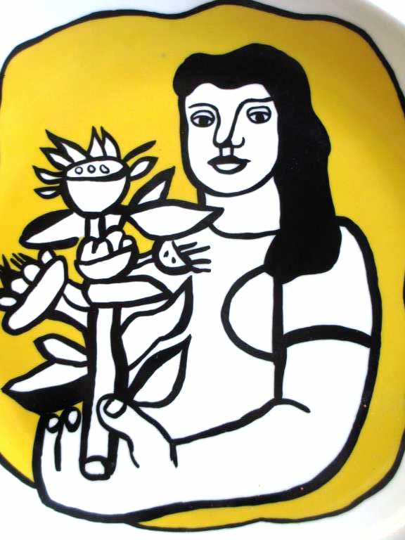 FERNAND LEGER - LADY WITH FLOWERS ART PLATE: Fernand Leger 1881-1955 - Abstract lady with flowers decorated ceramic plate. Signed F.L. lower right. Editions S.E.A.L. exclusivite Musee F. Leger BIOT verso. H 9.50"