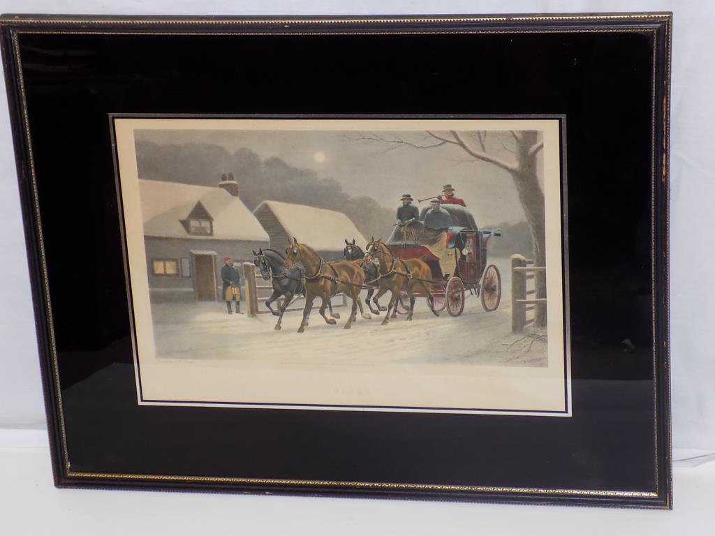 DOUGLAS - NIGHT HORSE & CARRIAGE LITHOGRAPH: E.A.S. Douglas - Arthur Ackermann Publishing 1902 color lithograph after the painting by E.A.S. Douglas entitled " Night " . Depicts an Englishman on horse & carriage in the Winter . Eglomise frame. H