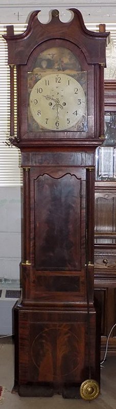 19TH CENTURY ENGLISH CHIPPENDALE TALL CASE CLOCK: 19th Century Circa early 1800's Grand Chippendale English tall case clock . Finest crotch mahogany case with multi wood inlay throughout . Broken arch pediment with brass sunburst ormolu. Original gla