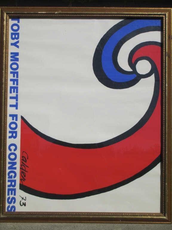 CALDER - RED WHITE BLUE SWIRL POLITICAL SERIGRAPH: Alexander Calder American 1898-1976 - Modern Art red white & blue swirl serigraph Political campaign poster . Toby Moffett for Congress Signed & dated 1973 lower left. Approximate H 29.50 x L 23.50.