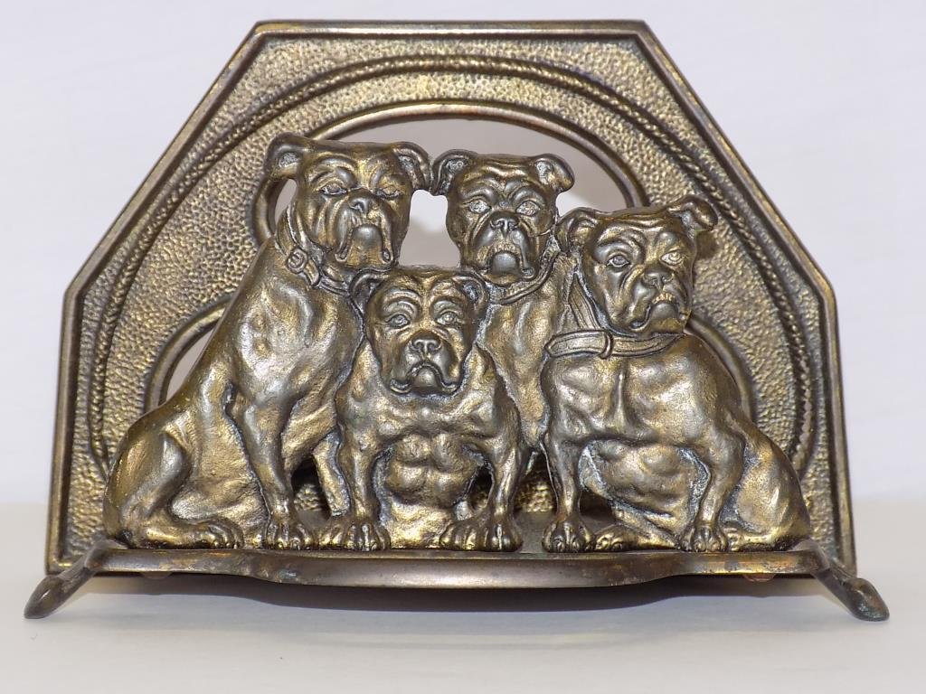 ARTS & CRAFTS BRONZED IRON BULL DOGS LETTER HOLDER (1 of 3)