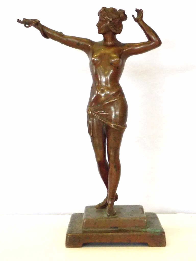 CLEOPATRA FRANK ART DECO BRONZED STATUE: Antique Cleopatra Art Deco bronzed statue. Beautiful semi nude figure holding a poisonous snake. H 8 1/2". Base marked Germany.