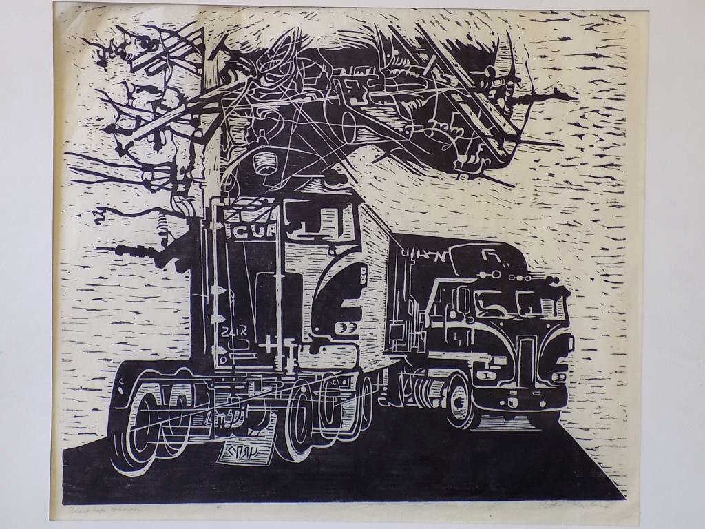 STAN KAPLAN - BLACK TOP MADNESS TRUCK WOODBLOCK: Stan Kaplan American 20th Century - Large Signed woodblock print of a Truck entitled " Blacktop Madness " signed lower margin. H 27" x L 30" matted.