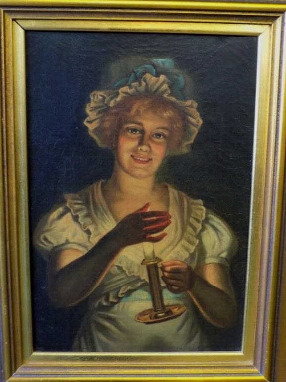 VICTORIAN LADY WITH CANDLE ILLUMINIST PAINTING (1 of 2)